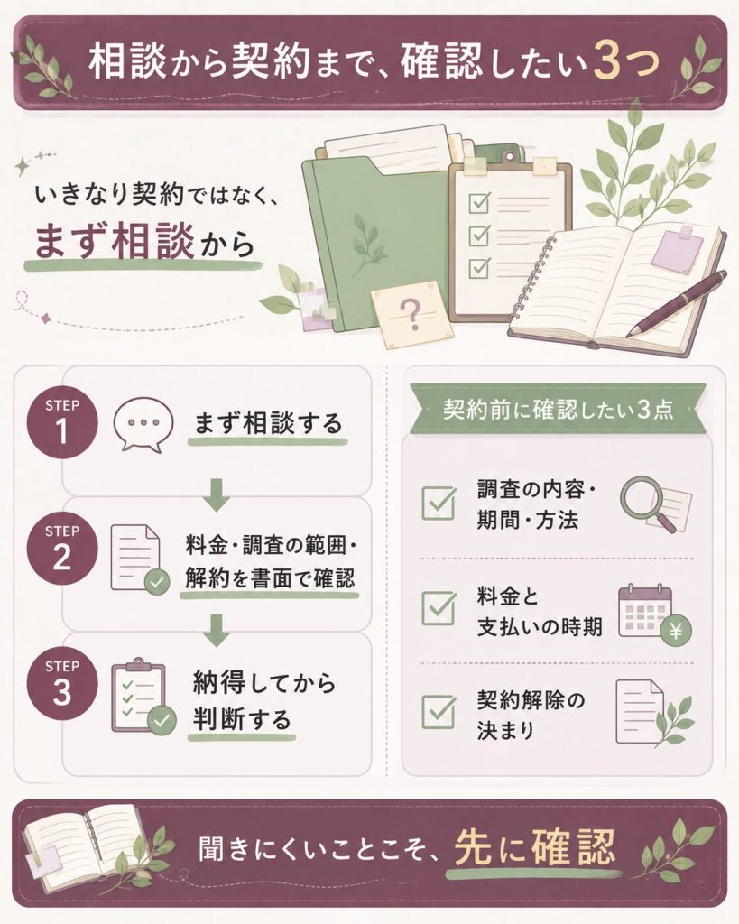 探偵への相談から契約前に確認する流れの図
