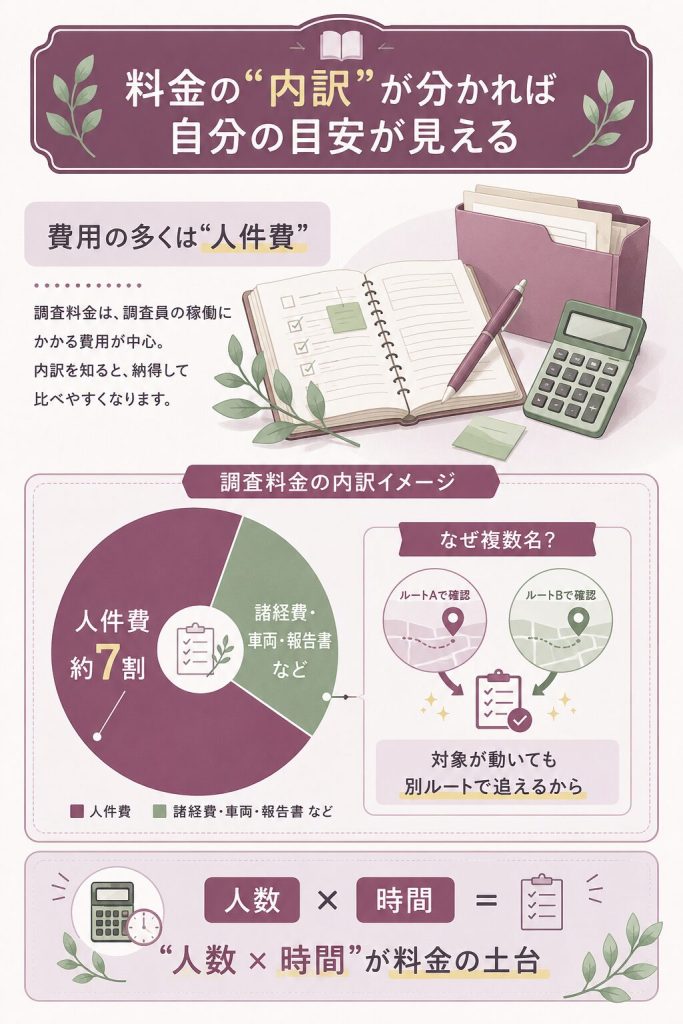 浮気調査費用の内訳と人件費割合の解説図