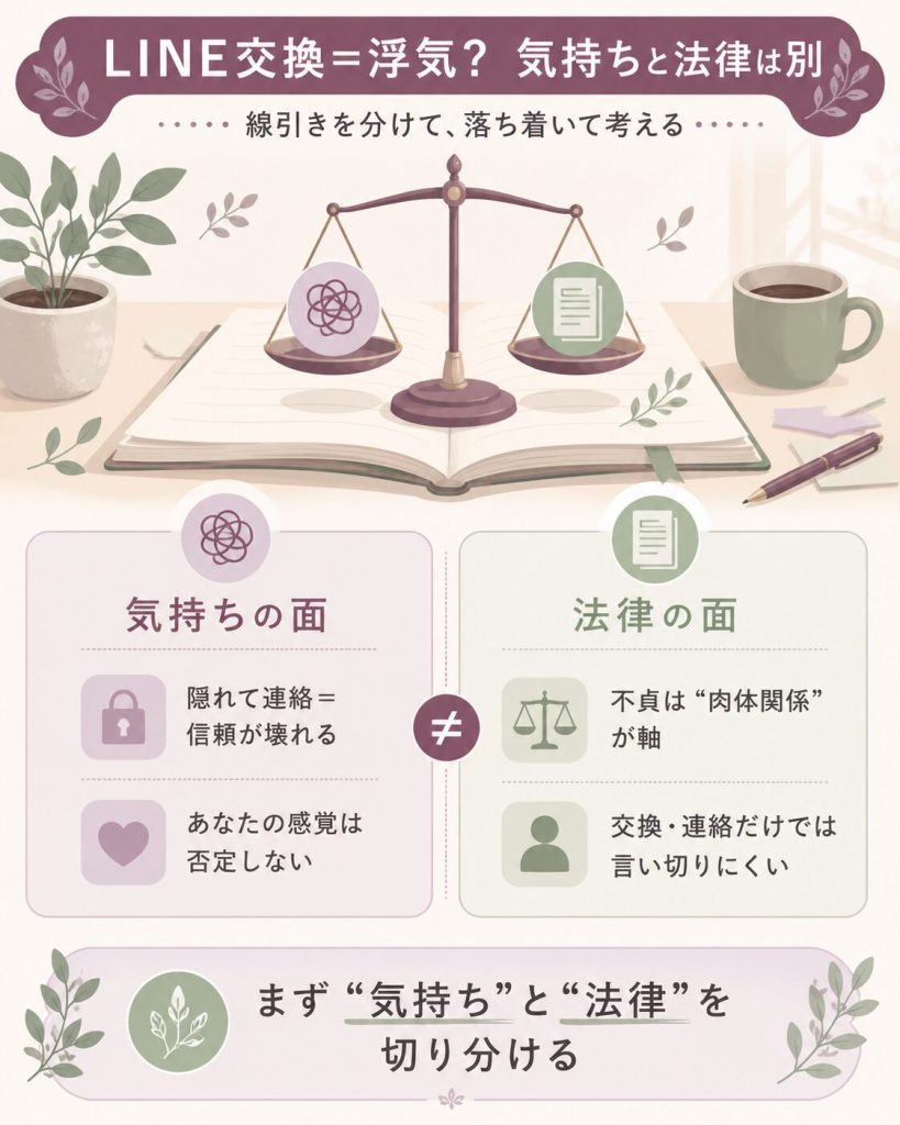 LINE交換と不貞、感情と法律の違いの解説図