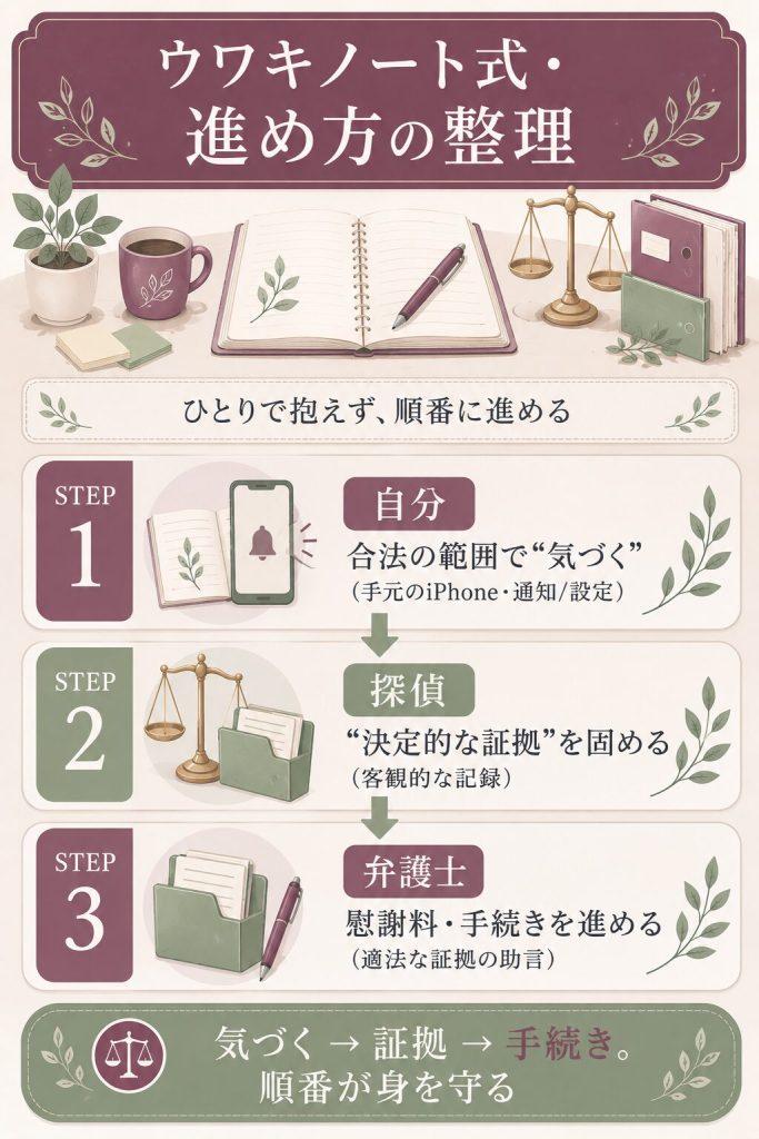 自分・探偵・弁護士の役割分担3ステップの図