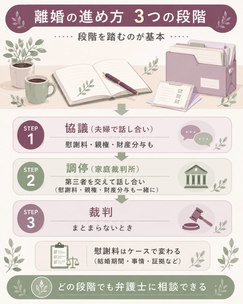 協議・調停・裁判、離婚の3段階の流れ図