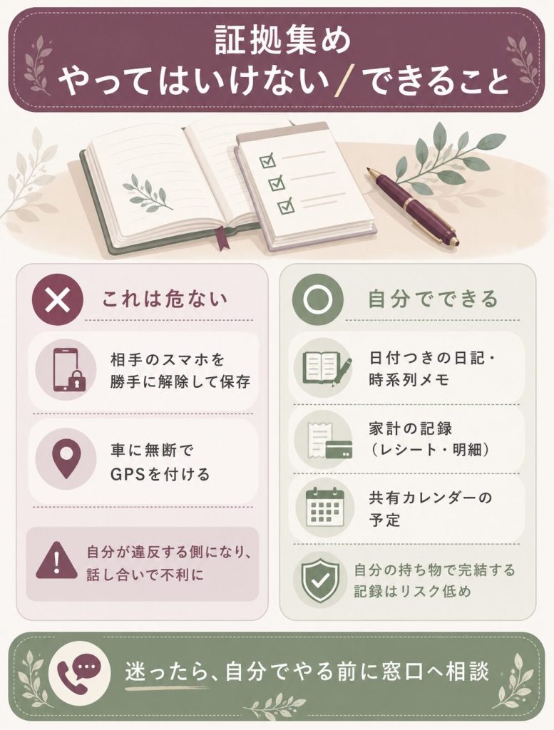 やってはいけない証拠集めと安全な記録の対比図