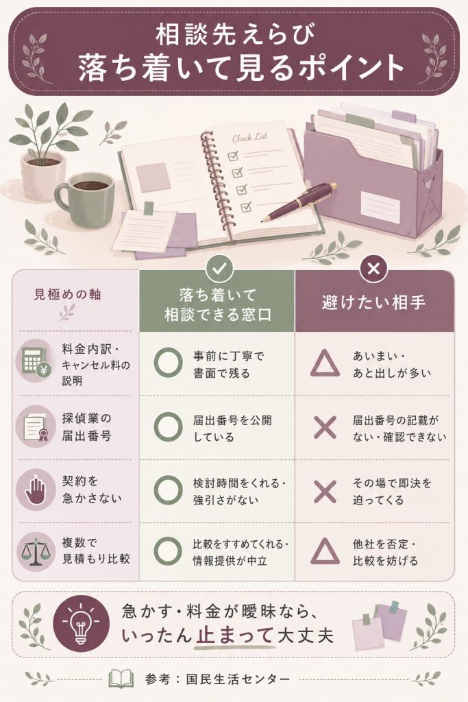 探偵の相談先えらびで見るポイントの比較図