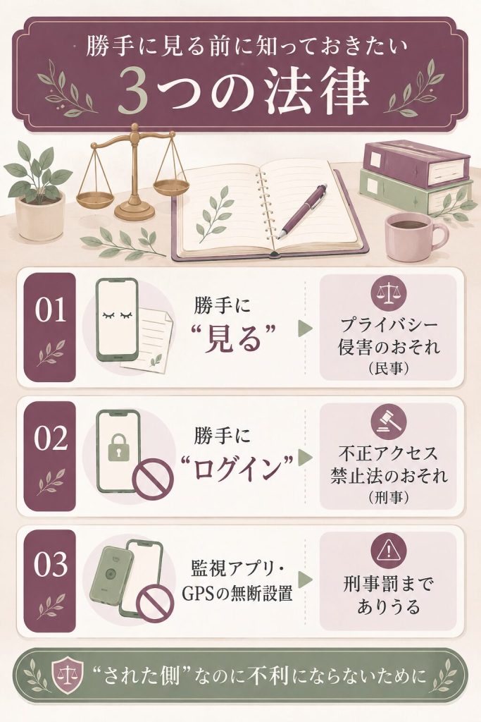 勝手に見る・ログイン・GPSに関わる法律リスクの図