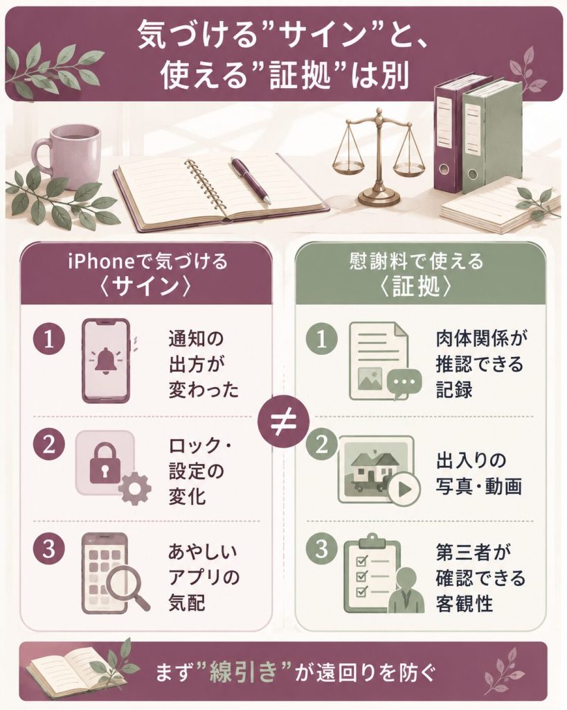 浮気のサインと慰謝料の証拠を対比した図