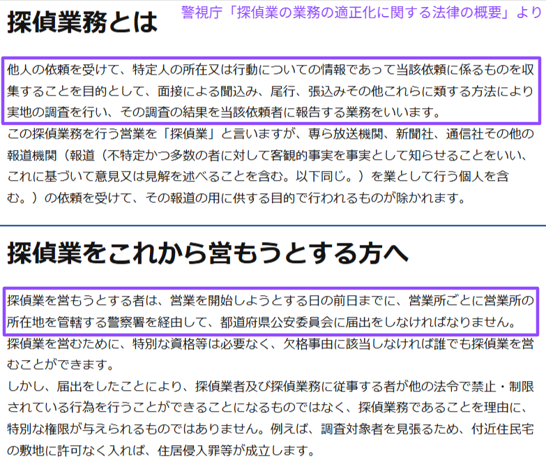 探偵業の届出制と業務を示す警視庁の解説