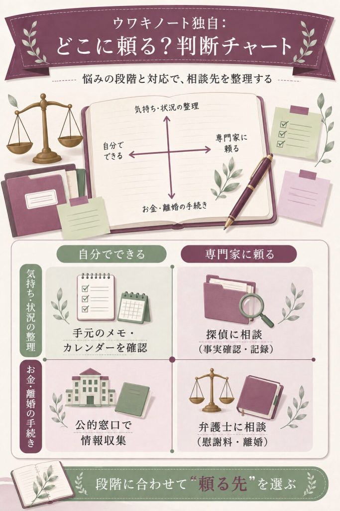 悩みの段階別に相談先を整理した独自の判断チャート図解
