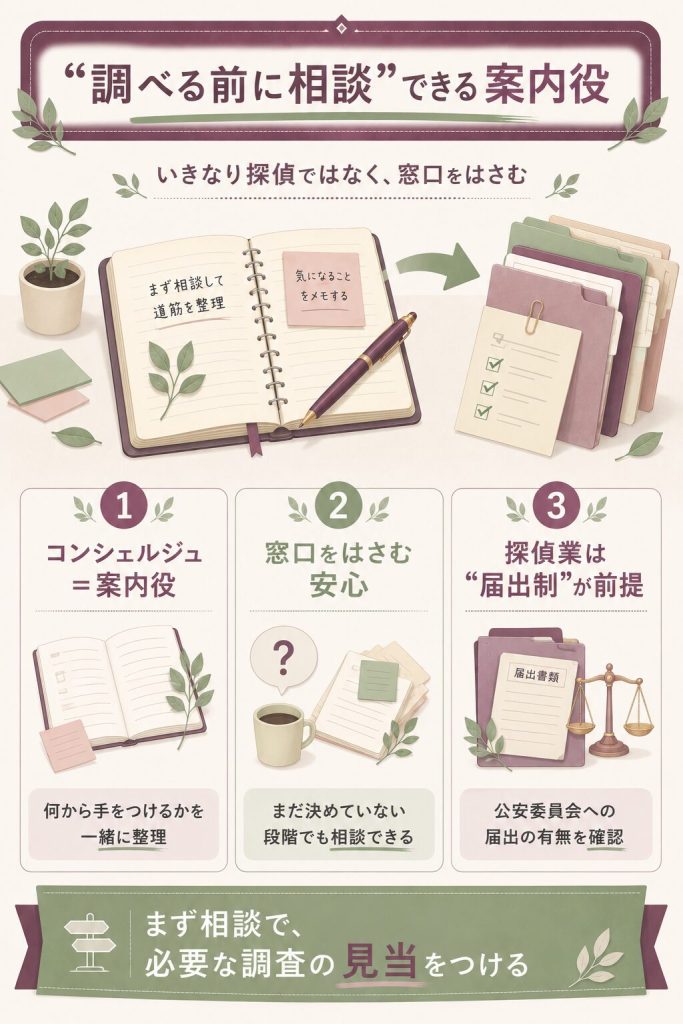 相談窓口の役割と探偵業法の前提の解説図