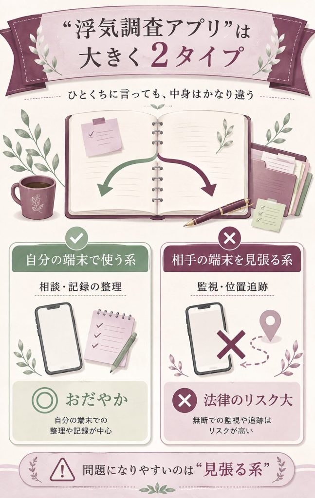 浮気調査アプリ2タイプの違いとリスクを比べた図解