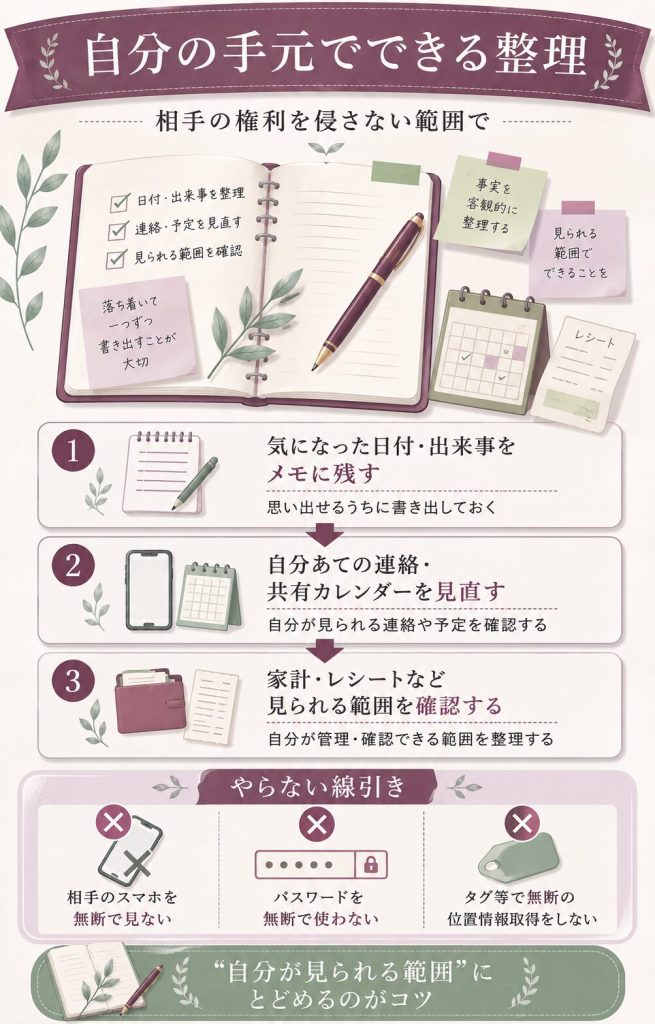 自分の手元でできる状況整理の手順と線引きを示した図解